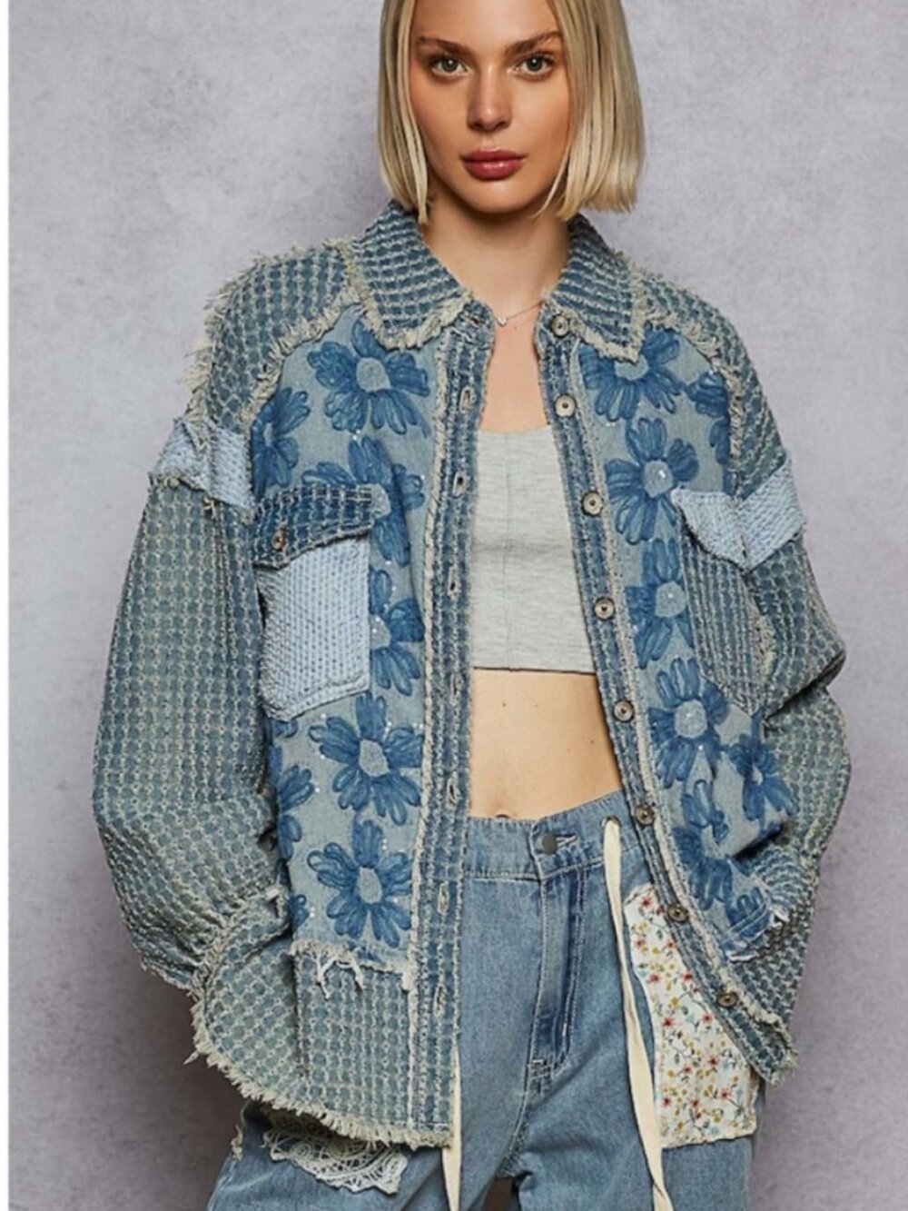 NEW LADIES SIZE S POL BLUE DENIM PATCHWORK FLOWER SEQUINS BUTTON DENIM JACKET